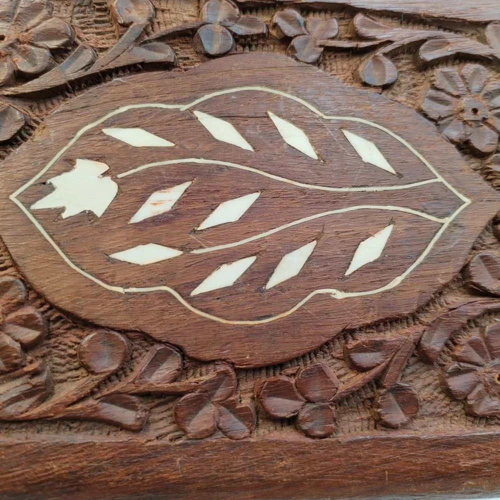 Vintage Hand Carved Indian‎ Wood Jewelry Box Inlay Floral Trinket Boho 6